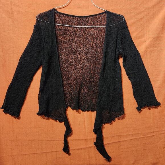 Black Sz Medium Sheer Lose Knit Tie Up Cardigan Stretch 3/4 Sleeve Light Sweater - Picture 2 of 9